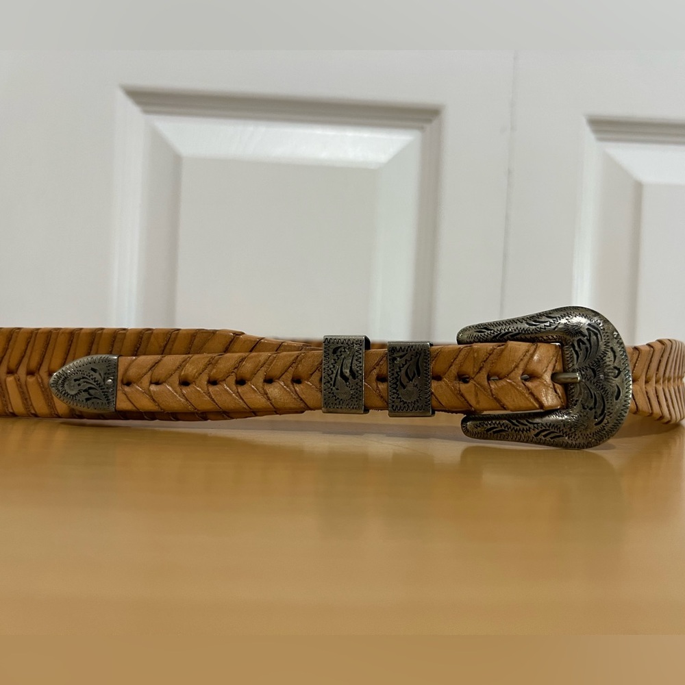Braided Brown Leather Belt Silver Plated Buckle Size 36 Mexico